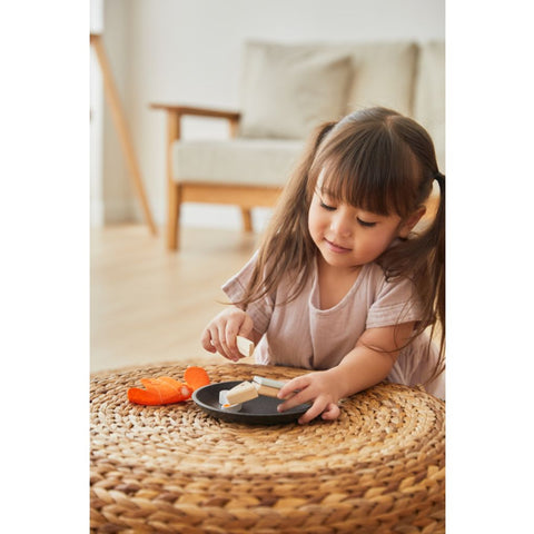 Kid playing PlanToys Seafood Platter