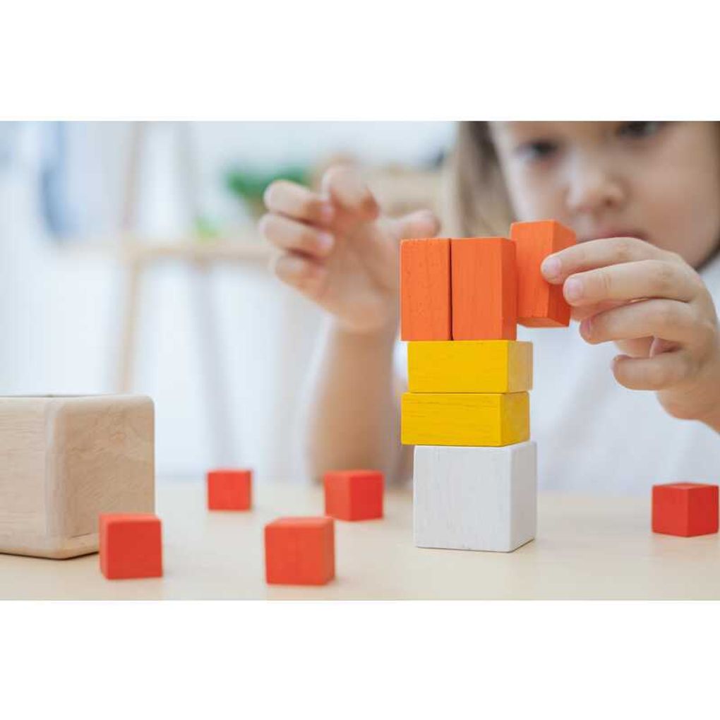 Kid playing PlanToys Fraction Cubes