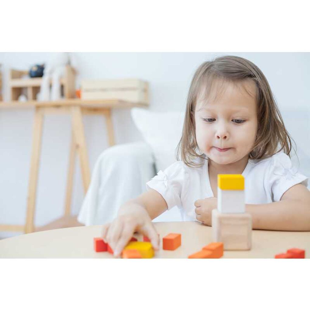Kid playing PlanToys Fraction Cubes